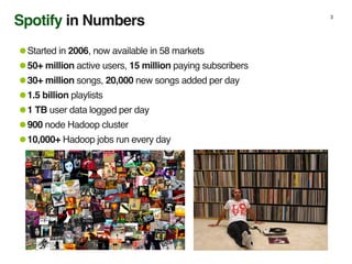 Spotify in Numbers 3
•Started in 2006, now available in 58 markets
•50+ million active users, 15 million paying subscriber...