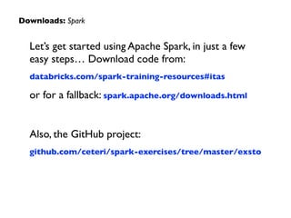 Let’s get started using Apache Spark, in just a few
easy steps… Download code from:	

databricks.com/spark-training-resources#itas	

or for a fallback: spark.apache.org/downloads.html	

!
Also, the GitHub project:	

github.com/ceteri/spark-exercises/tree/master/exsto
Downloads: Spark
 
