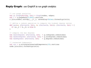 Reply Graph: use GraphX to run graph analytics
// run graph analytics!
val g: Graph[String, Int] = Graph(nodes, edges)!
val r = g.pageRank(0.0001).vertices!
r.join(nodes).sortBy(_._2._1, ascending=false).foreach(println)!
!
// define a reduce operation to compute the highest degree vertex!
def max(a: (VertexId, Int), b: (VertexId, Int)): (VertexId, Int) = {!
if (a._2 > b._2) a else b!
}!
!
// compute the max degrees!
val maxInDegree: (VertexId, Int) = g.inDegrees.reduce(max)!
val maxOutDegree: (VertexId, Int) = g.outDegrees.reduce(max)!
val maxDegrees: (VertexId, Int) = g.degrees.reduce(max)!
!
// connected components!
val scc = g.stronglyConnectedComponents(10).vertices!
node.join(scc).foreach(println)
 