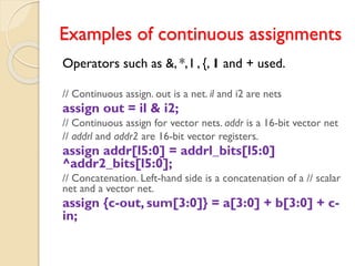 Examples of continuous assignments
Operators such as &, *, I , {, 1 and + used.
// Continuous assign. out is a net. il and i2 are nets
assign out = il & i2;
// Continuous assign for vector nets. addr is a 16-bit vector net
// addrl and addr2 are 16-bit vector registers.
assign addr[l5:0] = addrl_bits[l5:0]
^addr2_bits[l5:0];
// Concatenation. Left-hand side is a concatenation of a // scalar
net and a vector net.
assign {c-out, sum[3:0]} = a[3:0] + b[3:0] + c-
in;
 