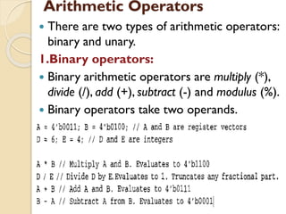 Arithmetic Operators
 There are two types of arithmetic operators:
binary and unary.
1.Binary operators:
 Binary arithmetic operators are multiply (*),
divide (/), add (+), subtract (-) and modulus (%).
 Binary operators take two operands.
 
