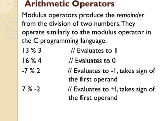 Arithmetic Operators
Modulus operators produce the remainder
from the division of two numbers.They
operate similarly to the modulus operator in
the C programming language.
13 % 3 // Evaluates to 1
16 % 4 // Evaluates to 0
-7 % 2 // Evaluates to -1, takes sign of
the first operand
7 % -2 // Evaluates to +l, takes sign of
the first operand
 