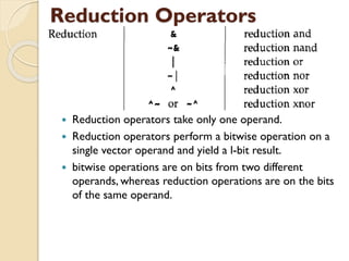Reduction Operators
 Reduction operators take only one operand.
 Reduction operators perform a bitwise operation on a
single vector operand and yield a l-bit result.
 bitwise operations are on bits from two different
operands, whereas reduction operations are on the bits
of the same operand.
 