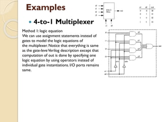 Examples
 4-to-1 Multiplexer
Method 1: logic equation
We can use assignment statements instead of
gates to model the logic equations of
the multiplexer. Notice that everything is same
as the gate-leveVerilog description except that
computation of out is done by specifying one
logic equation by using operators instead of
individual gate instantiations. I/O ports remains
same.
 