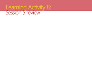 Learning Activity 8:
Session 5 review
 