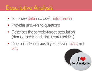 Descriptive Analysis
 Turns raw data into useful information
 Provides answers to questions
 Describes the sample/target population
(demographic and clinic characteristics)
 Does not define causality – tells you what, not
why
 
