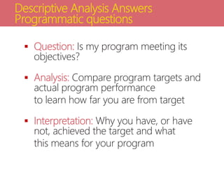  Question: Is my program meeting its
objectives?
 Analysis: Compare program targets and
actual program performance
to learn how far you are from target
 Interpretation: Why you have, or have
not, achieved the target and what
this means for your program
Descriptive Analysis Answers
Programmatic questions
 