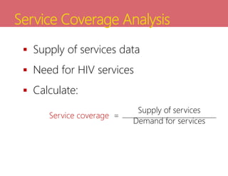 Service Coverage Analysis
 Supply of services data
 Need for HIV services
 Calculate:
Service coverage =
Supply of services
Demand for services
 