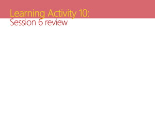 Learning Activity 10:
Session 6 review
 