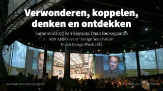 Verwonderen, koppelen,
denken en ontdekken
Samenvatting van keynote Daan Roosegaarde
ABN AMRO event ‘Design Your Future’
Dutch Design Week 2015
Gemaakt door @tonybrugman #DDW1521 oktober 2015
 