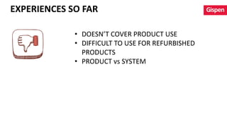 • DOESN’T	COVER	PRODUCT	USE
• DIFFICULT	TO	USE	FOR	REFURBISHED	
PRODUCTS
• PRODUCT	vs SYSTEM
EXPERIENCES	SO	FAR
 