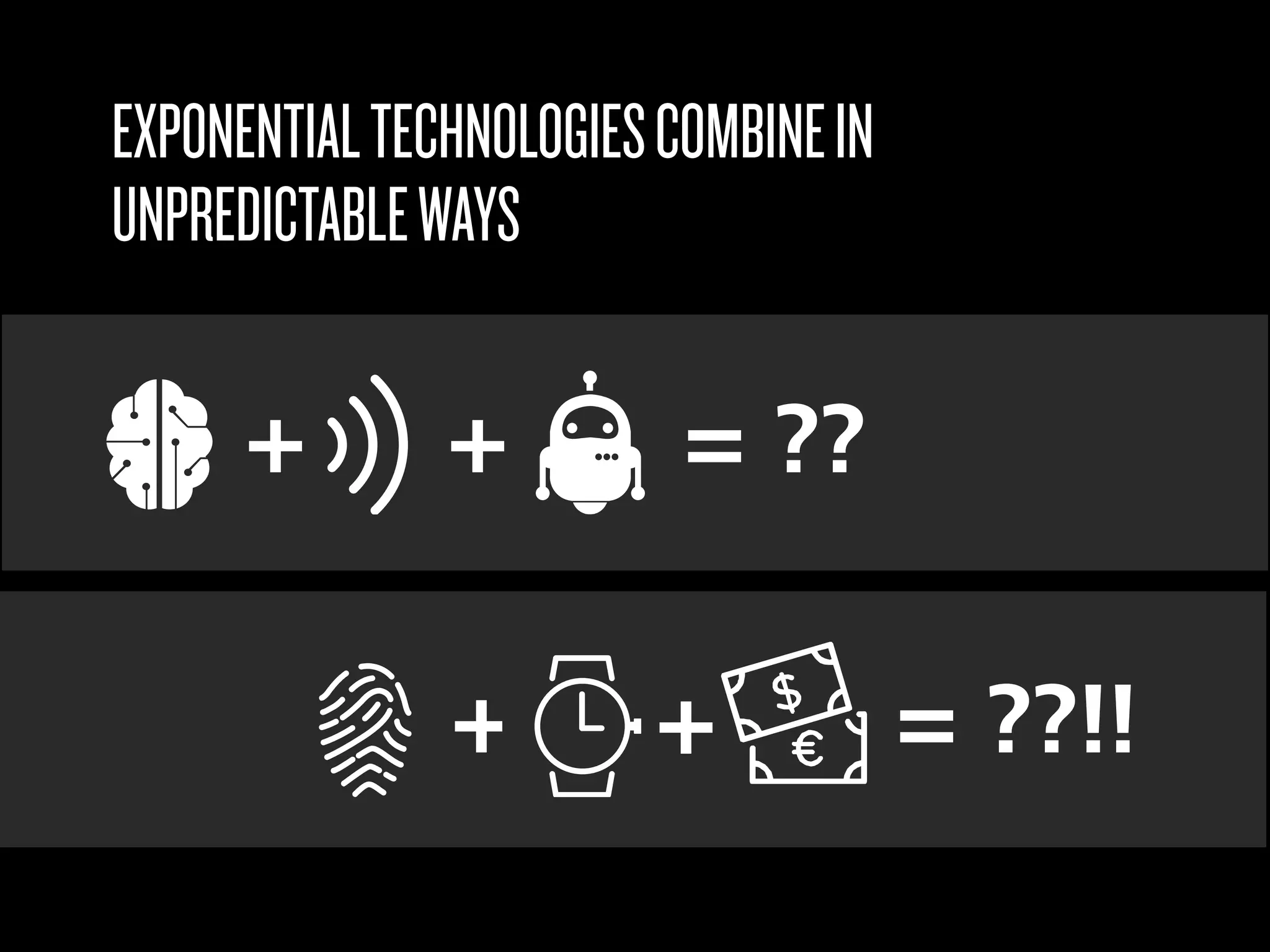 + + = ??
+ + = ??!!
EXPONENTIALTECHNOLOGIESCOMBINEIN
UNPREDICTABLEWAYS
 