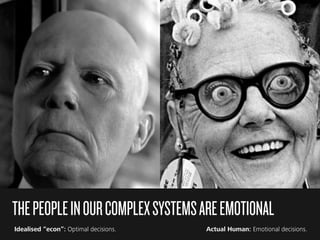 THEPEOPLEINOURCOMPLEXSYSTEMSAREEMOTIONAL
Idealised “econ”: Optimal decisions. Actual Human: Emotional decisions.
 