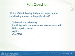 © 2016 Evaluator Group, Inc.
Poll Question
4/11/2016 24
Which of the following is the most important for
considering a move to the public cloud?
• Self-service provisioning
• Elasticity/scale resources up or down as needed
• Utility service model
• Agility
• Cost/TCO
 