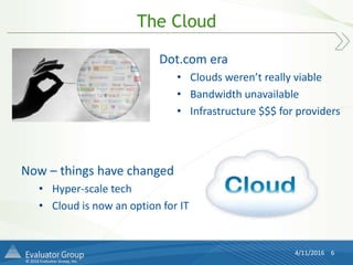 © 2016 Evaluator Group, Inc.
The Cloud
Now – things have changed
• Hyper-scale tech
• Cloud is now an option for IT
4/11/2016 6
Dot.com era
• Clouds weren’t really viable
• Bandwidth unavailable
• Infrastructure $$$ for providers
 