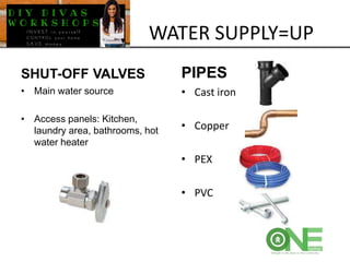 WATER SUPPLY=UP
SHUT-OFF VALVES
• Main water source
• Access panels: Kitchen,
laundry area, bathrooms, hot
water heater
PIPES
• Cast iron
• Copper
• PEX
• PVC
 