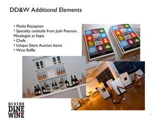 DD&W Additional Elements

    • Ticket promotions
    • Pre-Events with partners
    • Media Reception
    • Meeting chefs
    • Unique Silent Auction Items
    • Wine Raffle




                                    7
 