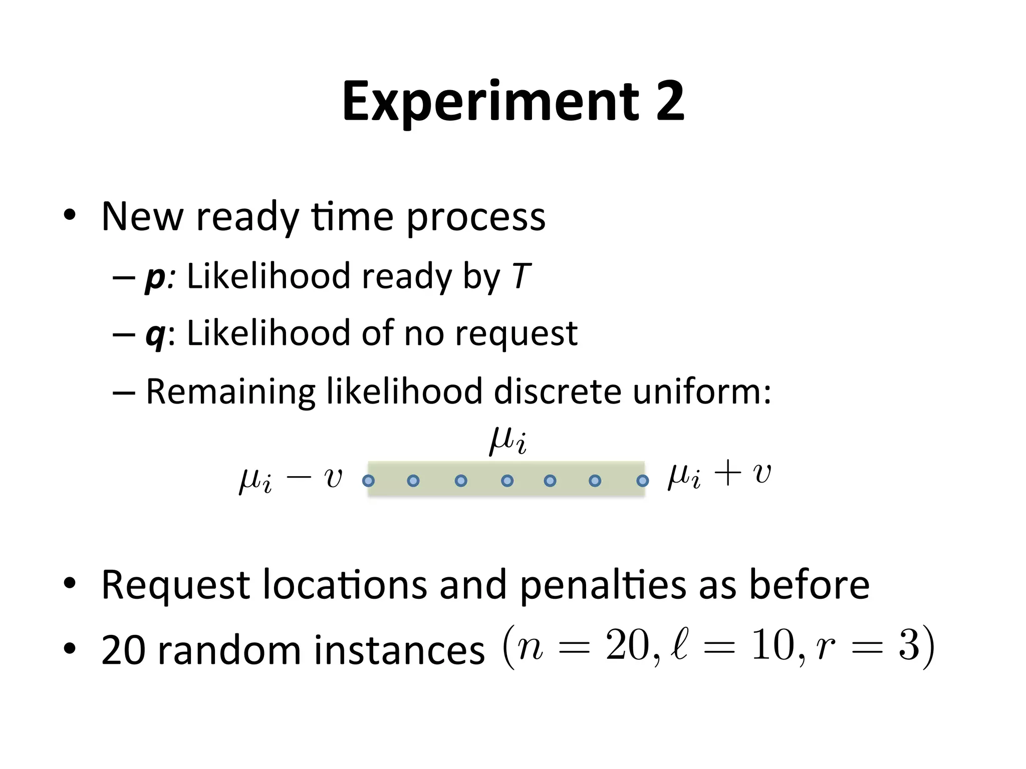 Experiment	
  2	
  
•  New	
  ready	
  =me	
  process	
  
– p:	
  Likelihood	
  ready	
  by	
  T	
  
– q:	
  Likelihood	
  of	
  no	
  request	
  
– Remaining	
  likelihood	
  discrete	
  uniform:	
  
•  Request	
  loca=ons	
  and	
  penal=es	
  as	
  before	
  
•  20	
  random	
  instances	
  
	
  
(n = 20, ` = 10, r = 3)
µi
µi + vµi v
 