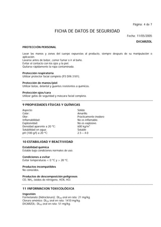 Página: 4 de 7
FICHA DE DATOS DE SEGURIDAD
Fecha: 11/05/2005
DICARZOL
PROTECCIÓN PERSONAL
Lavar las manos y zonas del cuerpo expuestas al producto, siempre después de su manipulación o
aplicación.
Lavarse antes de beber, comer fumar o ir al baño.
Evitar el contacto con los ojos y la piel.
Quitarse rápidamente la ropa contaminada.
Protección respiratoria
Utilizar protector facial completo (P3 DIN 3181).
Protección de manos/piel
Utilizar botas, delantal y guantes resistentes a químicos.
Protección ojos/cara
Utilizar gafas de seguridad y máscara facial completa.
9 PROPIEDADES FÍSICAS Y QUÍMICAS
Aspecto: Sólido
Color: Amarillo
Olor: Prácticamente inodoro
Inflamabilidad: No es inflamable.
Explosividad: No es explosivo.
Densidad aparente a 20 ºC: 600 kg/m3
Solubilidad en agua: Soluble
pH (100 g/l) a 20 ºC: 2.5 – 4.0
10 ESTABILIDAD Y REACTIVIDAD
Estabilidad química
Estable bajo condiciones normales de uso.
Condiciones a evitar
Evitar temperaturas < 0 ºC y > 28 ºC.
Productos incompatibles
No conocidos.
Productos de descomposición peligrosos
CO, NH3, óxidos de nitrógeno, HCN, HCl.
11 INFORMACION TOXICOLÓGICA
Ingestión
Formetanato (hidrocloruro): DL50 oral en rata: 21 mg/kg.
Cloruro amónico: DL50 oral en rata: 1410 mg/kg.
DICARZOL: DL50 oral en rata: 51 mg/kg.
 