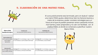 El curso prácticamente esta terminado, pero sin duda el realizar
una matriz FODA ayuda a determinar bien los factores buenos y
malos de la empresa y poder constatar estrategias para un
futuro en el que se puedan presentar varias cuestiones incluso
mas fuertes y estar preparados y no caer con facilidad, con el
análisis FODA, es donde se comenzara a planificar nuestro
Matriz FODA.
9. ELABORACIÓN DE UNA MATRIZ FODA.
 