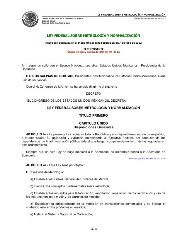 De 01. ley federal sobre metrología y normalización