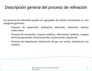MSc. Guillermo Ruiz, Dimensionamiento
de equipos
6
Los procesos de refinación pueden ser agrupados de manera conveniente e...