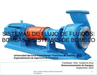 MSc. Guillermo Ruiz, Dimensionamiento
de equipos
1
SISTEMAS DE FLUJO DE FLUIDOS:
BOMBAS Y SISTEMAS DE BOMBEO
Universidad Nacional Experimental “Francisco de Miranda”
Especialización de Ingeniería de Procesos
Facilitador: MSc. Guillermo Ruiz
Dimensionamiento de Equipos
Septiembre, 2022
 