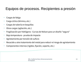 MSc. Guillermo Ruiz, Dimensionamiento
de equipos
15
Equipos de procesos. Recipientes a presión
●
Cargas de fatiga
●
Carga cíclica (térmica, etc.)
●
Cargas de tubería en boquillas
●
Otras cargas (agitación, etc.)
●
Fragilización por hidrógeno - Curvas de Nelson para un diseño "seguro"
●
Baja temperatura - prueba de impacto
●
Agrietamiento por tensión de sulfuro
●
Recocido u otro tratamiento del metal para reducir el riesgo de agrietamiento
●
Componentes internos (rigidez, fijación, soporte, etc.)
 