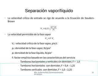 MSc. Guillermo Ruiz, Dimensionamiento
de equipos
33
Separación vapor/líquido
●
La velocidad crítica de entrada se rige de acuerdo a la Ecuación de Souders-
Brown
●
La velocidad permisible de la fase vapor
Vc: velocidad crítica de la fase vapor, pie/s
ρv: densidad de la fase vapor, lb/pie3
ρl: densidad de la fase líquida, lb/pie3
F: factor empírico basado en las características del servicio
➢
Tambores horizontales y verticales sin demister, F = 1,0
➢
Tambores horizontales con demister, F = 0,4 – 1,25
➢
Tambores verticales con demister, F = 1,0 – 2,25
V c=0,15⋅√
ρl−ρv
ρv
V a=F⋅Vc
 