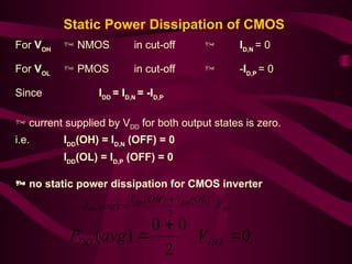 Static Power Dissipation of CMOS
For VOH
 NMOS in cut-off  ID,N
= 0
For VOL
 PMOS in cut-off  -ID,P
= 0
Since IDD
= ID,N
= -ID,P
 current supplied by VDD for both output states is zero.
i.e. IDD
(OH) = ID,N
(OFF) = 0
IDD
(OL) = ID,P
(OFF) = 0
 no static power dissipation for CMOS inverter
DD
DD
DD
DD V
OL
I
OH
I
avg
P 


2
)
(
)
(
)
(
0
2
0
0
)
( 


 DD
DD V
avg
P
 