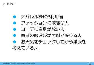 【Confidential】Copyright (C) CREATIVEHOPE,Inc. All Rights Reserved.
20
● アパレルSHOP利用者
● ファッションに敏感な人
● コーデに自身がない人
● 毎日の服選びが面倒...