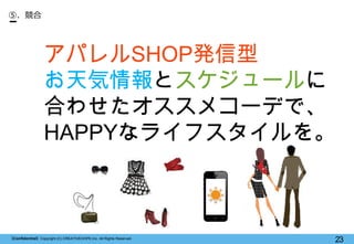 【Confidential】Copyright (C) CREATIVEHOPE,Inc. All Rights Reserved.
23
⑤. 競合
アパレルSHOP発信型
お天気情報とスケジュールに
合わせたオススメコーデで、
HAPPYな...
