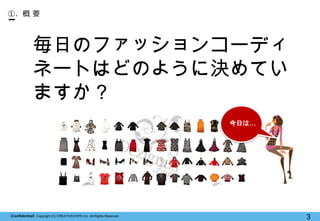 【Confidential】Copyright (C) CREATIVEHOPE,Inc. All Rights Reserved.
3
①. 概 要
毎日のファッションコーディ
ネートはどのように決めてい
ますか？
今日は…
 