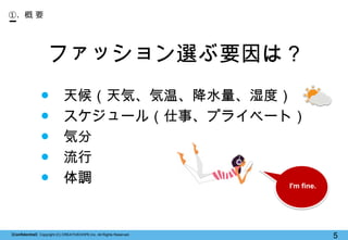 【Confidential】Copyright (C) CREATIVEHOPE,Inc. All Rights Reserved.
5
①. 概 要
ファッション選ぶ要因は？
● 天候（天気、気温、降水量、湿度）
● スケジュール（仕事、プラ...