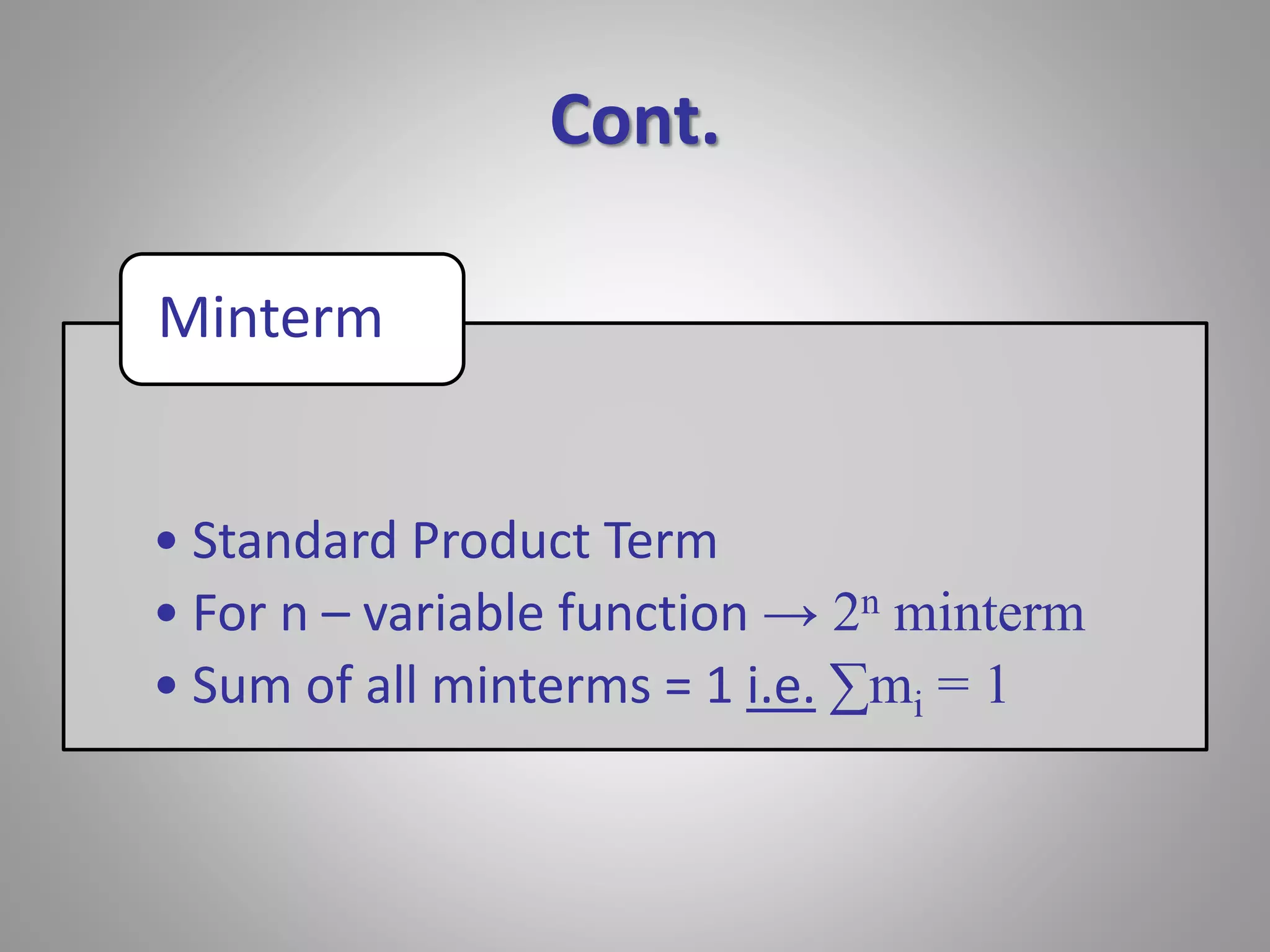Cont. 
Minterm 
• Standard Product Term 
• For n – variable function → 2n minterm 
• Sum of all minterms = 1 i.e. Σmi = 1 
 