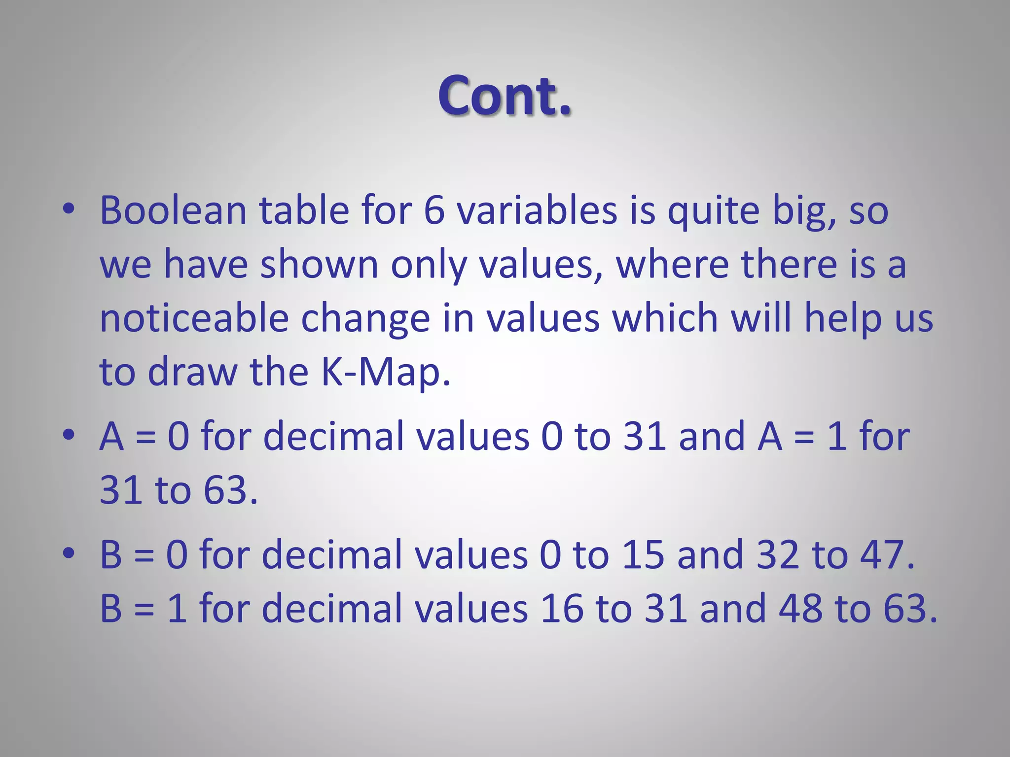 Cont. 
• Boolean table for 6 variables is quite big, so 
we have shown only values, where there is a 
noticeable change in values which will help us 
to draw the K-Map. 
• A = 0 for decimal values 0 to 31 and A = 1 for 
31 to 63. 
• B = 0 for decimal values 0 to 15 and 32 to 47. 
B = 1 for decimal values 16 to 31 and 48 to 63. 
 