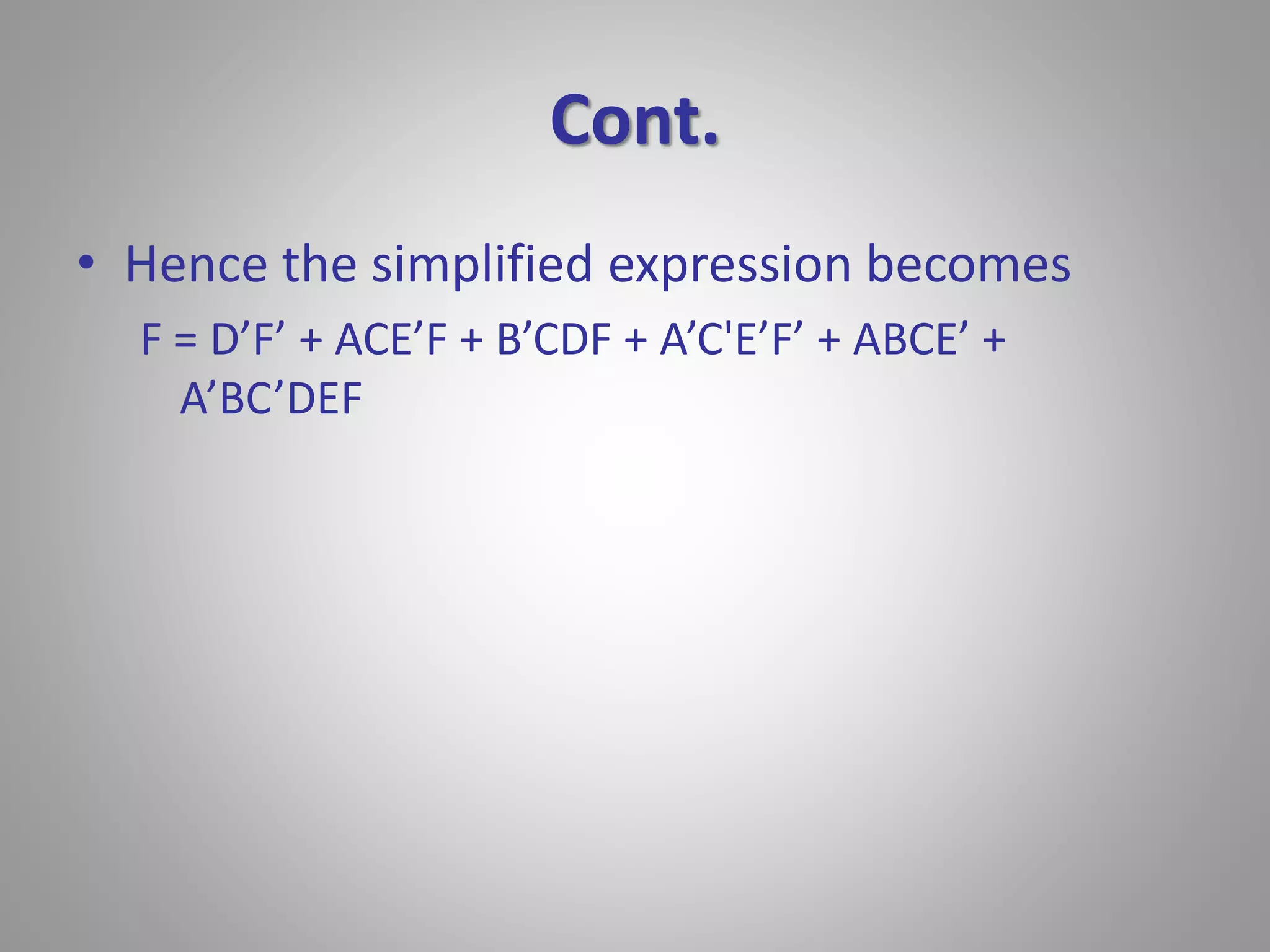 Cont. 
• Hence the simplified expression becomes 
F = D’F’ + ACE’F + B’CDF + A’C'E’F’ + ABCE’ + 
A’BC’DEF 
 