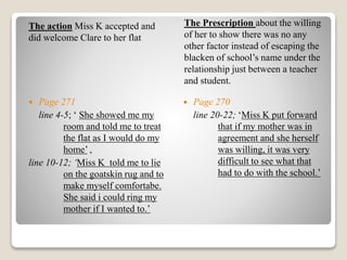 The action Miss K accepted and 
did welcome Clare to her flat 
The Prescription about the willing 
of her to show there was no any 
other factor instead of escaping the 
blacken of school’s name under the 
relationship just between a teacher 
and student. 
 Page 271 
line 4-5; ‘ She showed me my 
room and told me to treat 
the flat as I would do my 
home’ , 
line 10-12; ‘Miss K told me to lie 
on the goatskin rug and to 
make myself comfortabe. 
She said i could ring my 
mother if I wanted to.’ 
 Page 270 
line 20-22; ‘Miss K put forward 
that if my mother was in 
agreement and she herself 
was willing, it was very 
difficult to see what that 
had to do with the school.’ 
 