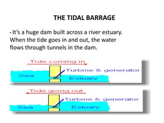 THE TIDAL BARRAGE 
• It’s a huge dam built across a river estuary. 
When the tide goes in and out, the water 
flows through tunnels in the dam. 
 