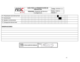 GUÍA PARA LA PRESENTACIÓN DE
PROYECTOS
Código: DEPESF-4.3-1
PROCESO: Prestación del Servicio /
Investigaciones
Fecha: 16/09/10
Versión: 4
19
14. Presentación del informe final
15. Sustentación
16. Ajustes y correcciones
17. Entrega del informe final
OBSERVACIONES
Firma:
Aprobó:
CARMEN CECILIA QUERO DE GONZALEZ
Rectora
 
