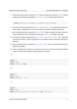 Guía 02. Ejercicios de teoría sobre SQL - José J Sánchez H | PDF