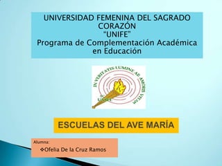 UNIVERSIDAD FEMENINA DEL SAGRADO
CORAZÓN
“UNIFE”
Programa de Complementación Académica
en Educación

Alumna:

Ofelia De la Cruz Ramos

 