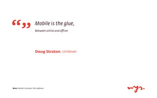 Doug Straton, Unilever
Mobile is the glue,
Between online and oﬄine.
Bron: Nielsen’s Consumer 360 conference
 