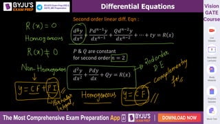 Differential Equations
Second order linear diff. Eqn :
𝑑𝑛𝑦
𝑑𝑥𝑛
+
𝑃𝑑𝑛−1𝑦
𝑑𝑥𝑛−1
+
𝑄𝑑𝑛−2𝑦
𝑑𝑥𝑛−2
+ ⋯ + 𝑡𝑦 = 𝑅 𝑥
𝑃 & 𝑄 are constant
for second order 𝑛 = 2
𝑑2
𝑦
𝑑𝑥2
+
𝑃𝑑𝑦
𝑑𝑥
+ 𝑄𝑦 = 𝑅 𝑥
 