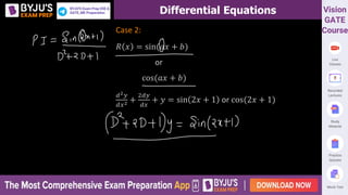 Differential Equations
Case 2:
𝑅 𝑥 = sin(𝑎𝑥 + 𝑏)
or
cos(𝑎𝑥 + 𝑏)
𝑑2𝑦
𝑑𝑥2 +
2𝑑𝑦
𝑑𝑥
+ 𝑦 = sin 2𝑥 + 1 or cos(2𝑥 + 1)
 