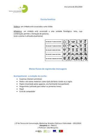 Ano Letivode 2011/2014
| CP de Técnico de Comunicação, Marketing, Relações Públicas e Publicidade – 2011/2014|
|Disciplina: AI – Mód.5|
| Professor: João Mesquita|
Escrita fonética
Silábica: um símbolo está associado a uma sílaba.
Alfabética: um símbolo está associado a uma unidade fonológica- letra, cuja
combinação permite a formação de palavras.
(este sistema é utilizado atualmente)
Meios físicos de registo das mensagens
Acompanharam a evolução da escrita:
 Cavernas (homem primitivo)
 Pedra e de outros materiais como tijolo de barro cozido ou a argila.
 Papiro (inventado pelos egípcios, era facilmente transportável)
 Pergaminho (utilizado para editar os primeiros livros)
 Papel
 Ecrã do computador
 
