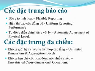 Các đặc trƣng báo cáo
 Báo cáo linh hoạt – Flexible Reporting
 Hiển thị báo cáo đồng bộ - Uniform Reporting
Performance
 Tự động điều chỉnh tầng vật lý – Automatic Adjustment of
Physical Level.
Các đặc trƣng đa chiều:
 Không giới hạn chiều và kết hợp các tầng – Unlimited
Dimensions & Aggregation Levels
 Không hạn chế các hoạt động nối nhiều chiều –
Unrestricted Cross-dimensional Operations.
 