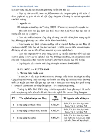 Trường Cao đẳng Cộng đồng Hải Phòng Đề án tuyển sinh riêng từ năm 2015
hiện quyền tự chủ, tự chịu trách nhiệm trong tuyển sinh đào tạo;
- Phục vụ việc quản lý, thanh tra, kiểm tra của các cơ quan quản lý nhà nước có
thẩm quyền và sự giám sát của xã hội, cộng đồng đối với công tác tự chủ tuyển sinh
của Nhà trường.
2. Nguyên tắc
Đề án tuyển sinh riêng của Trường CĐCĐ HP được xây dựng trên nguyên tắc:
- Phù hợp theo các quy định của Luật Giáo dục, Luật Giáo dục đại học và
hướng dẫn của Bộ GD&ĐT;
- Đảm bảo sự khách quan, công bằng và công khai đối với mọi đối tượng người
học; không gây phức tạp cho xã hội và tốn kém cho thí sinh;
- Dựa vào các quy định cơ bản của Quy chế tuyển sinh đại học và cao đẳng hệ
chính quy do Bộ Giáo dục và Đào tạo ban hành (về thời gian và điều kiện dự tuyển,
đối tượng và khu vực ưu tiên, tổ hợp môn xét tuyển và ngành học);
- Đảm bảo sự phù hợp với chức năng, nhiệm vụ và điều kiện thực tế về đội ngũ
cán bộ, giảng viên và cơ sở vật chất của Nhà trường; hình thức, nội dung tuyển sinh
phù hợp với ngành đào tạo của Nhà trường và chương trình giáo dục phổ thông;
- Đáp ứng các yêu cầu đổi mới công tác tuyển sinh của Bộ GD&ĐT.
II. PHƯƠNG ÁN TUYỂN SINH
1. Phương thức tuyển sinh
Từ năm 2015, nếu được Bộ Giáo dục và Đào tạo chấp thuận, Trường Cao đẳng
Cộng đồng Hải Phòng thực hiện việc tuyển sinh cao đẳng hệ chính quy theo phương
thức xét tuyển dựa trên kết quả học tập của 3 năm giáo dục trung học phổ thông
(THPT) đối với thí sinh có bằng tốt nghiệp THPT hoặc tương đương.
Trường dự kiến dành 100% tổng chỉ tiêu tuyển sinh được phê duyệt để tuyển
sinh theo phương thức nêu trên đối với tất cả các ngành đào tạo cao đẳng, bao gồm:
TT Tên ngành đào tạo cao đẳng
Mã
ngành
Tổ hợp các môn xét tuyển
1 Công nghệ kỹ thuật cơ khí C510201
Toán, Vật lí và Hoá học hoặc
Toán, Vật lí và Tiếng Anh
2 Công nghệ kỹ thuật điện, điện tử C510301
Toán, Vật lí và Hoá học hoặc
Toán, Vật lí và Tiếng Anh
3 Công nghệ thông tin C480201
Toán, Vật lí và Hoá học hoặc
Toán, Vật lí và Tiếng Anh, hoặc
Ngữ văn, Toán và Ngoại ngữ
Trang 3/17
 