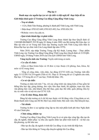 Phụ lục 4
Danh mục các nguồn lực (cơ sở vật chất và đội ngũ) để thực hiện đề án
Giới thiệu khái quát về Trường Cao đẳng Cộng đồng Vĩnh Long:
- Trụ sở chính:
+ 112A, Đinh Tiên Hoàng, phường 8, thành phố Vĩnh Long, tỉnh Vĩnh Long.
+ Điện thoại: 0703.823.689; 0703.823.492; Fax: 0703.826.356
+Website: www.vlcc.edu.vn.
- Quá trình thành lập và phát triển:
Trường Cao đẳng Cộng đồng Vĩnh Long được thành lập theo Quyết định số
1369/QĐ-BGD&ĐT-TCCB ngày 01 tháng 4 năm 2002 của Bộ trưởng Bộ Giáo dục và
Đào tạo trên cơ sở Trung tâm Giáo dục thường xuyên tỉnh Vĩnh Long (tiền thân là
Khoa Đại học tại chức tỉnh Cửu Long thành lập năm 1979).
Năm 2010, sáp nhập Trường Trung cấp Kỹ thuật, Lương thực - Thực phẩm
Vĩnh Long vào Trường Cao đẳng Cộng đồng Vĩnh Long theo Quyết định số 2135/QĐ-
UBND ngày 29 tháng 9 năm 2010 của Chủ tịch UBND tỉnh Vĩnh Long.
Vùng tuyển sinh của Trường: Tuyển sinh trong cả nước.
- Cơ cấu tổ chức:
. Gồm có Ban Giám hiệu và 18 đơn vị trực thuộc (16 phòng, ban, khoa, bộ
môn và 02 trung tâm).
. Tổng số công chức, viên chức, lao động (CCVC-LĐ) của Trường: tính đến
ngày 31/12/2013 là 214 người (Tiến sĩ: 01; Thạc sĩ: 58 trong đó có 12 nghiên cứu sinh;
Đại học: 119 trong đó có 27 cao học; Trình độ khác: 28).
- Cơ sở vật chất:
Trường có diện tích trên 7 ha, với các công trình xây dựng kiên cố bao gồm hệ
thống khu học tập, giảng đường, thư viện; khu thực hành, thí nghiệm, trạm trại; khu
văn phòng làm việc, nhà khách; khu thể thao, giáo dục thể chất, quốc phòng; khu ký
túc xá sinh viên và nội trú của CCVC-LĐ.
- Các tổ chức Đảng, đoàn thể:
Đảng bộ nhà trường có 6 chi bộ trực thuộc với 86 đảng viên; Công đoàn cơ sở;
Đoàn thanh niên Cộng sản HCM; Hội Cựu chiến binh; Hội sinh viên; Hội Khuyến học.
- Tài chính:
Trường là đơn vị sự nghiệp công lập tự chủ một phần kinh phí theo Nghị định
43 của Chính phủ.
- Chức năng, nhiệm vụ:
Trường Cao đẳng Cộng đồng Vĩnh Long là cơ sở giáo dục công lập, đào tạo đa
cấp, đa ngành, nhằm phục vụ nhu cầu nguồn nhân lực phát triển kinh tế - xã hội của
địa phương, cụ thể như sau:
- Đào tạo đa cấp, đa ngành ở trình độ Cao đẳng và các trình độ thấp hơn.
- Đào tạo liên thông từ Trung cấp chuyên nghiệp lên Cao đẳng.
14
 