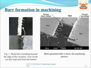 Burr formation in machining
Dr. D. Y. Patil School of Engineering,Lohegaon,
Pune. 14
Fig. 1. Metal burr extending beyond
the edge of the cut piece, view on the
cut face (top) and from the bottom
Burrs generated after a micro slot machining
process.
 